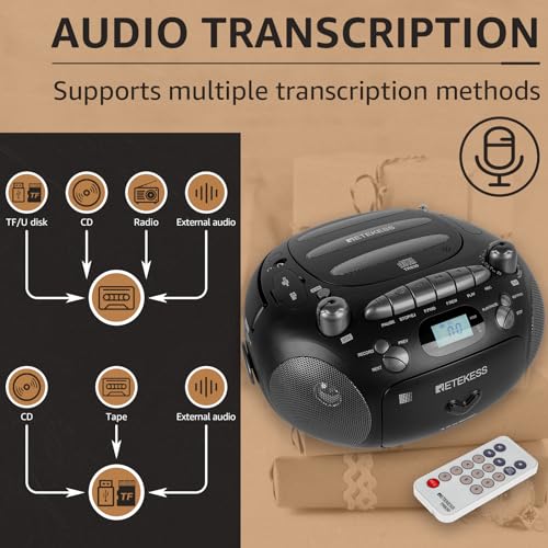 Retekess TR630 Cassette Tape Player, CD Boombox Radio, Portable CD and Cassette Player Combo, Recording Transcription, USB, Micro SD, LCD Display, for Home
