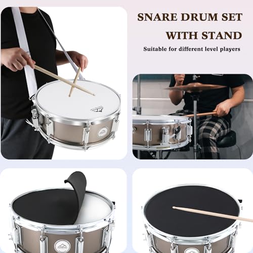 EASTROCK Snare Drum Set 14X5.5 Inches for Student Beginners with Gig Bag, Drumsticks, Stand, Drum Keys, Coated Material Drum Head, Champagne