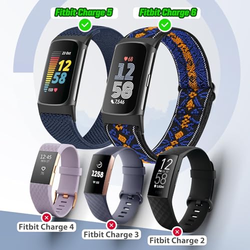 Bcuckood 5 Pack Elastic Nylon Watch Bands Compatible for Fitbit Charge 6/Fitbit Charge 5, Adjustable Breathable Replacement Stretchy Nylon Loop Wristband Sport Strap for Women Men