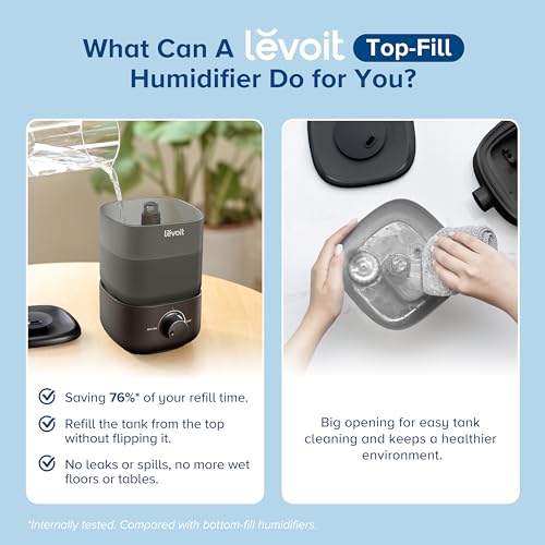 LEVOIT Classic 160 Top-Fill Ultrasonic Cool Mist Humidifier, Super Easy to Fill and Clean, Quiet Operation for Bedroom Home Baby & Plants, Auto Shut-off for Safety, 360ยฐ Rotating Nozzle, 2.5L, Black
