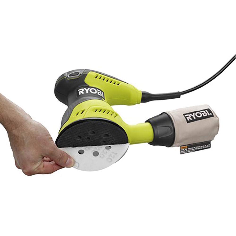 Ryobi RS290G 2.6 Amp 12,500 OPM Single Speed 5 Inch Hook and Loop Corded Random Orbit Sander w/ 3 Pads and Dust Bag