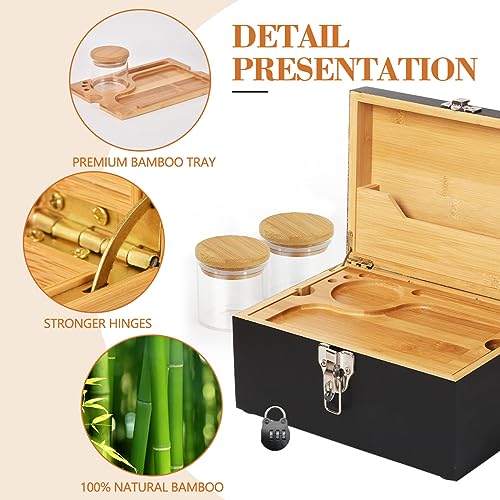 SafeDelux Large Bamboo Box with Combination Lock, Decorative Locking Box with Detachable Compartment Lockable Wooden Box for Home Removable Tray and Jars Great Gifts for Men