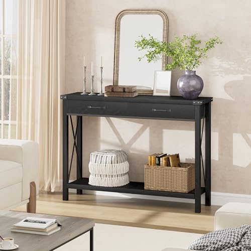IDEALHOUSE Console Table with 2 Drawers, Farmhouse Sofa Table with Storage Shelf, Accent Wood Entryway Table for Living Room, Hallway, Foyer-Black