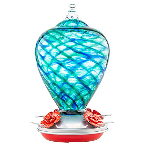 LaElvish Garden Gifts for Mom 34OZ Hand Blown Glass Hummingbird Feeders for Outdoors Hanging, with Ant Moat Humming Bird Feeders, Porch Backyard Decor Gifts for Women (Floral Balloon)