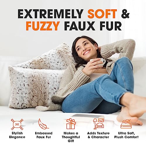 Cheer Collection Faux Fur Throw Pillows with Inserts – Set of 2 Decorative Square Couch Pillows, 12” x 20” Snow Leopard Embossed Ombre Design for Sofa, Bed & Living Room Decor