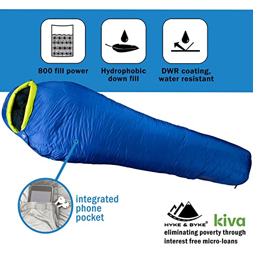 Hyke & Byke Eolus 15 F Hiking & Backpacking Sleeping Bag - 3 Season, 800FP Goose Down Sleeping Bag - Ultralight - Black/Clementine - 78in - Regular