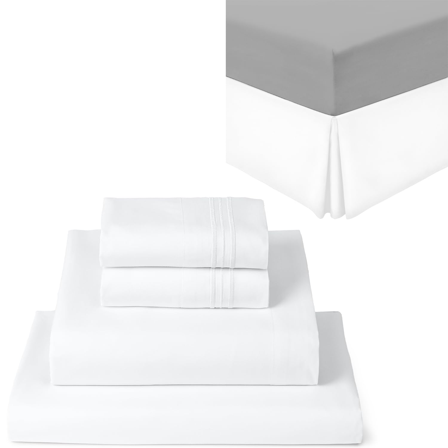 Mellanni Queen Bed Sheet Set + Bed Skirt Bundle&Save - Hotel Luxury Bedding Sheets & Pillowcases - Bundle Includes: 4pcs Bed Sheet Set and 15-Inch Tailored Drop Pleated Bed Skirt (Queen, White)
