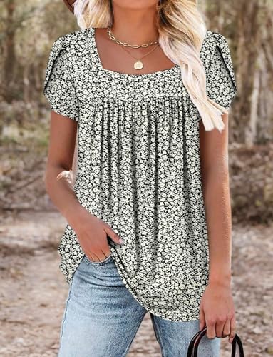 BETTE BOUTIK womens summer petal short sleeve women summer tops loose fit trendy tops square neck tops for women Jade White X-Large