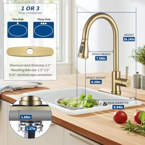 GUUKAR Gold Kitchen Faucet with Pull Down Sprayer, Modern Brushed Gold Single Handle Kitchen Sink Faucet with Deck Plate