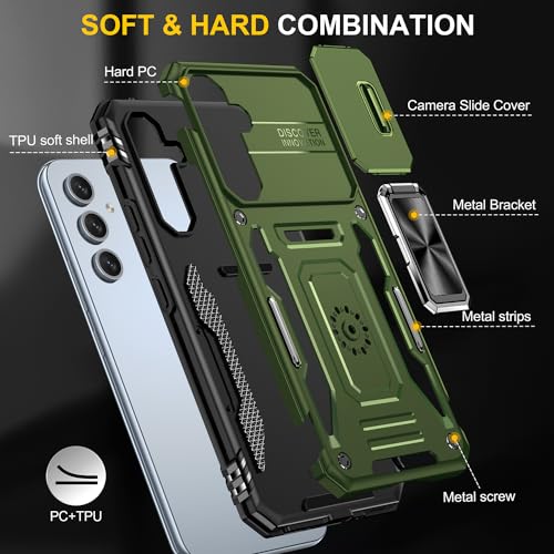 KOBBRAN for Samung Galaxy S23 FE Case with Slide Camera Cover Ring Kickstand Military Grade Shockproof Case Armor Heavy Duty for Galaxy S23 FE Phone Case (Black)