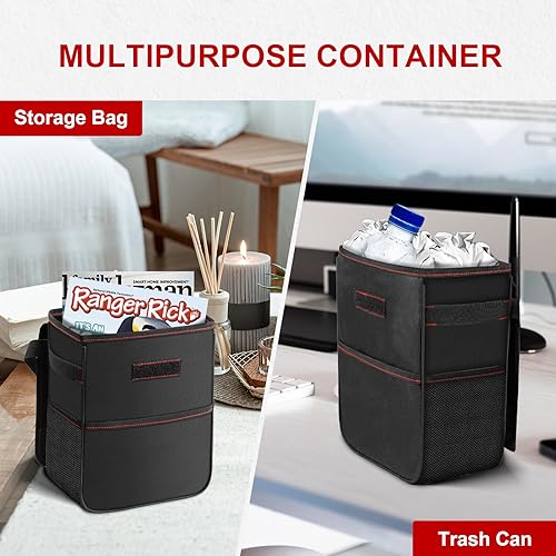 Simple Deluxe Car Trash Can with Lid and Storage Pockets, Leak-Proof Car Garbage Can with Adjustable Straps, Waterproof, Portable and Collapsible Trash Bag for Car, 2 Gallon, Black