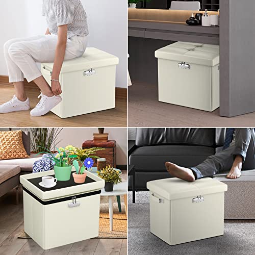 DocSafe Storage Ottoman with Lock,Fireproof&Waterproof 17 Inches Folding Storage Box with Handles Safe for Important Documents,Leather Storage Ottoman Storage Chest for Living Room,Bedroom,Beige
