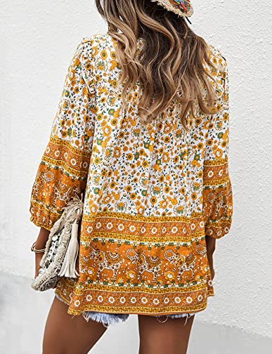 PRETTYGARDEN Women's Floral Ruffled Tunic Blouse Tie V Neck Casual Long Sleeve Babydoll Peplum Tops(02_Green,Small)