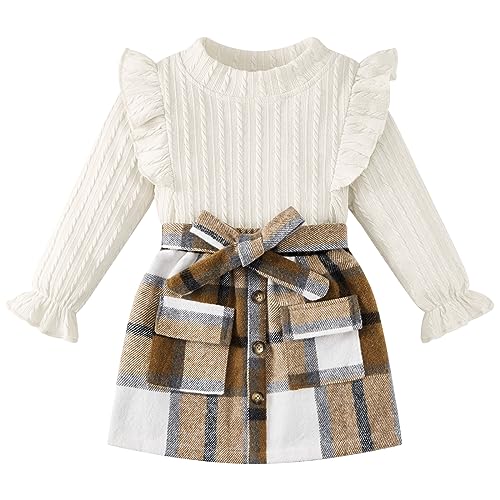 Weixinbuy Kid Toddler Girl Clothes Fall Winter Outfits Solid Long Sleeve Ribbed T-Shirt Knit Tops Plaid Button Mini Skirts Set Outfits 6-7 years old