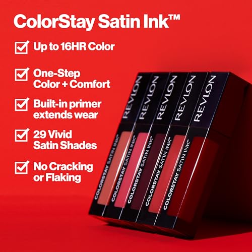 REVLON ColorStay Satin Ink Crown Jewels Liquid Lipstick, Longlasting & Waterproof Lipcolor, Moisturizing Creamy Formula Infused with Black Currant Seed Oil, 035 Reigning Red, 0.17 fl oz.