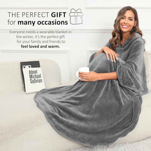 Gentlewarm Travel Blanket Flannel Foldable Wearable Blanket with Hood Giant Zippered Pocket Super Soft Cozy for Couch Lovers One Size Fits All Woman Man