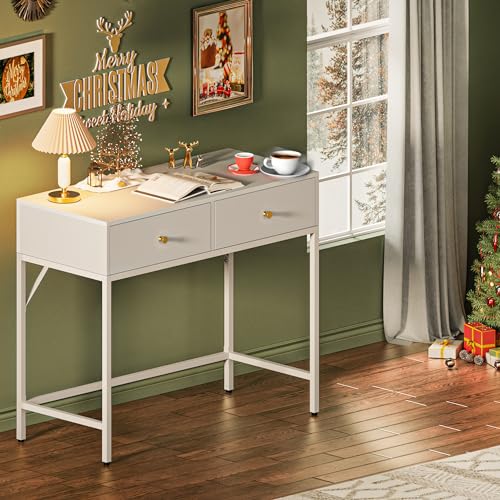 SUPERJARE 39.4" White Desk with 2 Drawers, Modern Makeup Vanity Desk, Small Computer Desk Home Office Desk for Writing Study Bedroom