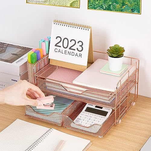 Youbetia Paper Tray Organizer with Mesh File Holder, 5 Tier Desk Accessories & Workspace Desk Organizers with Pen Holder, Office Desk Accessories Desktop Organization for Office Supplies (Black)