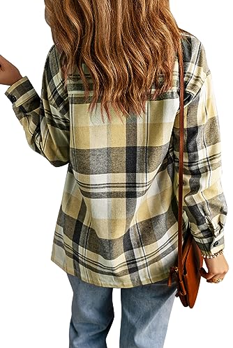 KINLONSAIR Womens Casual Flannel Plaid Shirts Oversized Lightweight Fall Shirt Coat Long Sleeve Button Down Blouse Tops Apricot