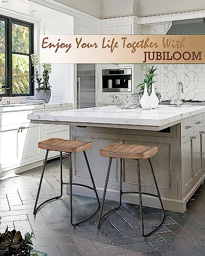 JUBILOOM Bar Stools, 24 Inch Kitchen Counter Height Stools with Metal Leg, Bar Chairs with Wood Saddle Seat, Industrial Backless Stools for Kitchen Island, Dark Brown Seat, Black Metal, 624PBR1