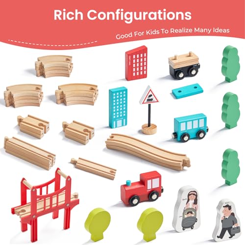 Tiny Land Wooden Train Set for Toddler - 39 Pcs- with Wooden Tracks Compatible with Major Brands - Expandable, Changeable-Train Toy for 3 4 5 Years Old Girls & Boys