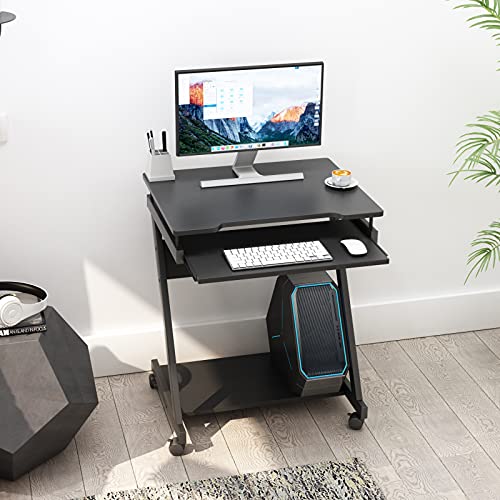 sogesfurniture Mobile Computer Desk, Small Rolling Work Workstation for Home and Office with Printer Shelf, Keyboard Drawers,23.6 x 18.9 x 28.7 Inches,BHUS-DX-8110-BB(Black)