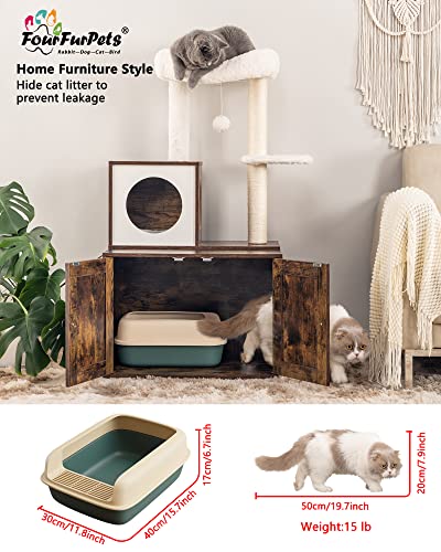 FourFurPets Multipurpose Litter Box Enclosure, Cat Tree and Condo, Side Table, with Large Platform, Cat House, Full Sisal Posts, Removable Washable Cushion, Rustic Brown