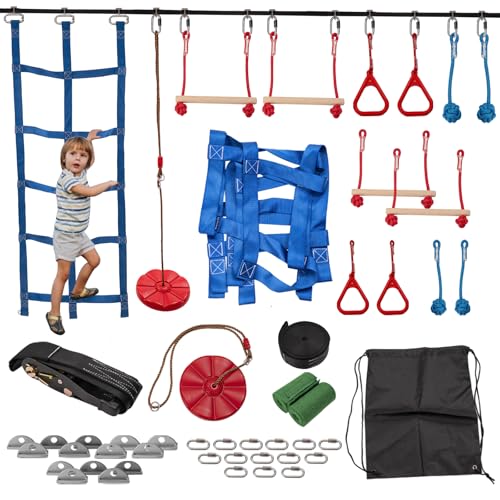 Slsy Ninja Warrior Obstacle Course for Kids, 50FT Durable Ninja Slackline Kit with 8 Complete Accessories, Playset Equipment with Swing, Climbing Net, Ladder & Monkey Bars (8 Obstacles)