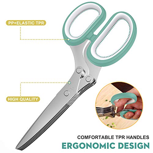 Updated 2025 Herb Scissors Set - Cool Kitchen Gadgets for Cutting Fresh Garden Herbs - Herb Cutter Shears with 5 Blades and Cover, Sharp and Anti-rust Stainless Steel, Dishwasher Safe (Blue-White)