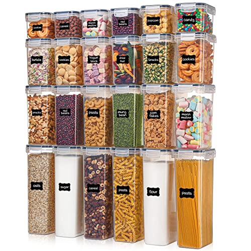 Airtight Food Storage Containers with Lids, Vtopmart 24 pcs Plastic Kitchen and Pantry Organization Canisters for Cereal, Dry Food, Flour and Sugar, BPA Free, Includes 24 Labels,Black