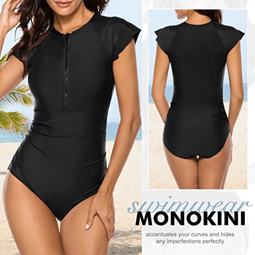 Wolddress Women Modest One Piece Bathing Suit Short Sleeve Tummy Control Swimsuit Zipper Surfing Athletic Rash Guard Floral Green Black M