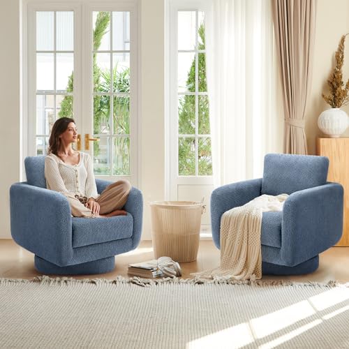COLAMY Swivel Accent Chairs,Living Room Chair Upholstered Barrel Wide Modern Sofa Armchair Comfy Corner Bedroom Round Chair,Bue