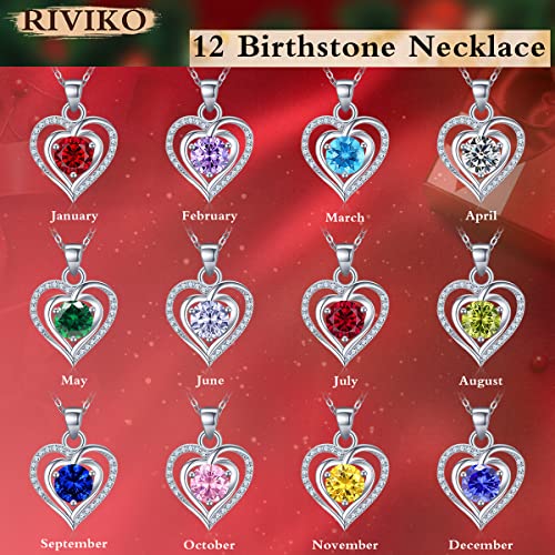 RIVIKO Heart Birthstone Pendant Necklace for Women 925 Sterling Silver Zirconia December Necklaces Christmas Valentine's Day Mothers Day Jewelry Gifts For Her Mother Wife