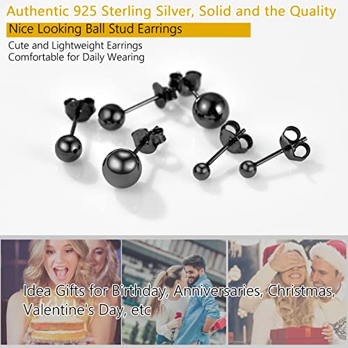 Sterling Silver Black Ball Stud Earrings Women 3mm Small Second Piercing Earrings Sensitive Ears Hypoallergenic
