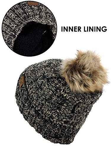C.C Thick Cable Knit Faux Fuzzy Fur Pom Fleece Lined Skull Cap Cuff Beanie, Lt Pink/Beige Mix