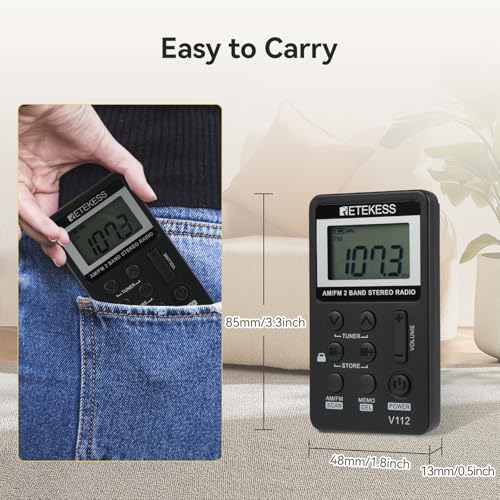 Retekess V112 AM FM Pocket Radio, Digital Radio with Earphone, Rechargeable Battery Radio with LCD Display for Walking, Jogging, Training(Black)