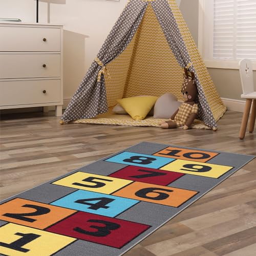 Ottomanson Children's Garden Collection Non-Slip Rubberback Hopscotch Design 3x6 Kid's Runner Rug, 2'7" x 6', Green