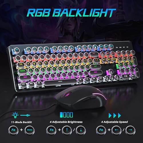 Typewriter Mechanical Gaming Keyboard and Mouse, Metal Panel Retro Keyboard with Round Keycap Blue Switch, RGB Backlit 104 Keys Anti-Ghost Wired Keyboard Mouse and Pad Combo for PC Laptop Mac Gamer