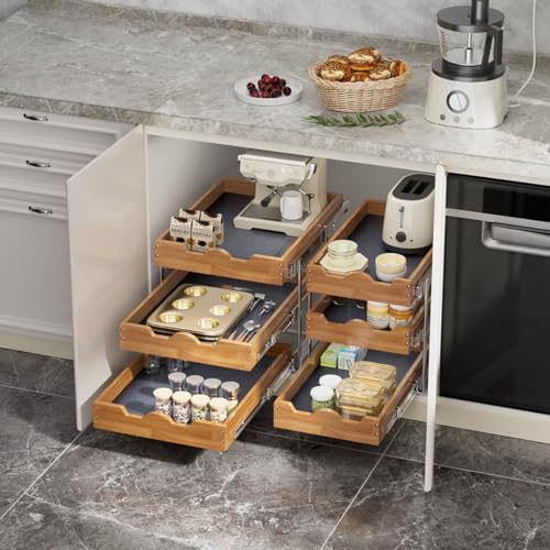 OCG 2 Tier Pull Out Drawers For Cabinets, Double Tier Slide out Wood Cabinet Organizer, Pull Out Shelves for Base Cabinet Organization in Kitchen, Pantry, Bathroom