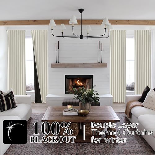 SHINELAND Blackout Curtains 120 Inches Long for Living Room Large Window,Clip Rings Hooks Black Out Curtains 120 Inch Length for Bedroom 2 Panels Set,Cream Beige Thermal Curtains for Summer Heat,10FT