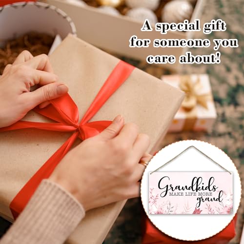 Grandkids Make Life More Grand Door Wood Sign Plaque Gift for Grandma, Wooden Wall Hanging Sign with Twine, Shelf Wood Floral Art Sign, Living Room Home Bedroom Kitchen Decoration Supplies -019