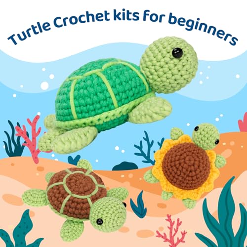 Mewaii Crochet Kit for Beginners, Crochet Animal Kit with Step-by-Step Video Tutorial, Learn to Crochet Starter Kit with 40%+ Tape Yarn, DIY Crochet Gifts for Kids Adults (Three Pack Turtles)