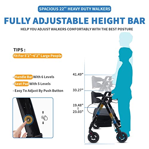 FlyingJoy Heavy Duty Rollator Walker for 450 lbs Large People, 4-Wheels Folding Rolling Walker with Extra Spacious Seat, NOT for Standard Door 26" Wide, a bit Bulky for Lightweight Elderly (Black)