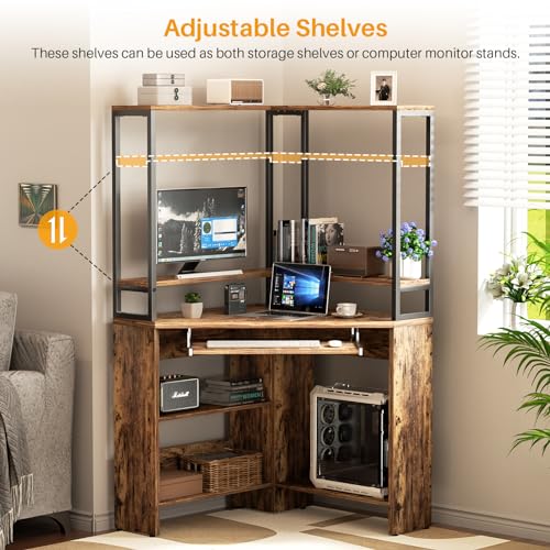 Cyclysio Small Corner Desk with Hutch, Heavy Duty Corner Computer Desk with Power Outlets & LED Light, Triangle Corner Gaming Desk with Keyboard Tray for Home Office, Small Space, Workstation Black