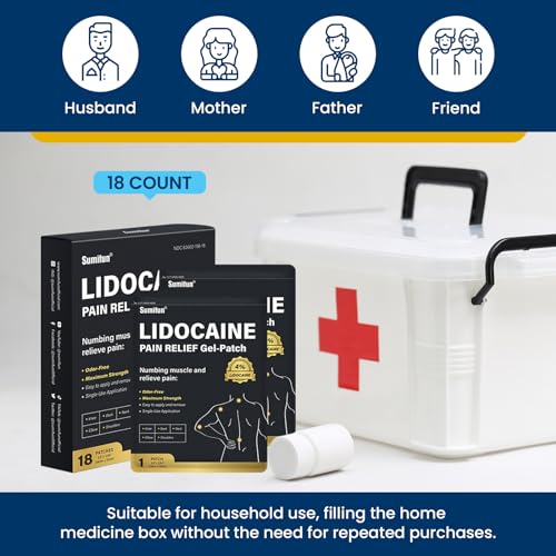 Sumifun 4% Lidocaine Pain Relief Patches - 18 Count Patches for Back, Shoulder, Muscle, Joints, Knee Pain Relief - Lower Back Pain Relief Products - Pain Patches Maximum Strength Lidocaine