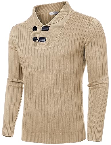 COOFANDY Men's Shawl Collar Sweaters Casual Slim Fit Button Knitted Pullover Sweater Navy Blue