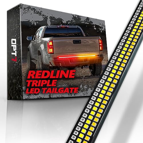 OPT7 48" Redline Triple Row LED Tailgate Light Bar w/Sequential Amber Turn Signal - Weatherproof Rigid Aluminum Light Strip for Colorado Frontier Ranger Maverick - Full Function Reverse Brake Running