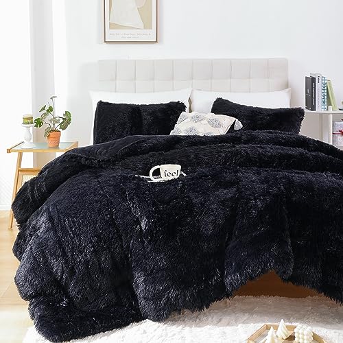 Smoofy Faux Fur Plush Queen Comforter Set, Fluffy Fuzzy Plush Comforter Queen Size, Cute Soft Shaggy Velvet Double-Sided Bedding Set, 3Pcs - 1 Comforter(90"x90") & 2 Pillowcases(20"x26")