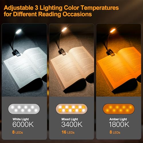 Gritin 16 LED Rechargeable Book Light for Reading in Bed-Eye Caring 3 Color Temperatures, Stepless Dimming Brightness,80Hrs Runtime,Lightweight Flexible Clip On Book Light for Book Lovers-White