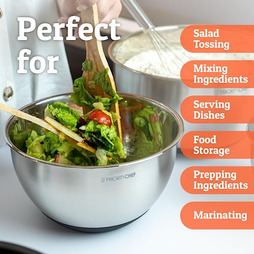 Priority Chef Premium Stainless Steel Mixing Bowls With Airtight Lids - Thick Metal Nesting Bowls for Kitchen, 1.5/2/3/4/5 Quart, Black